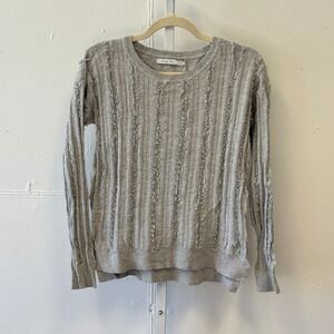Harper Lane Heather Gray Fringed Textured Knit Crew Neck Sweater Medium
